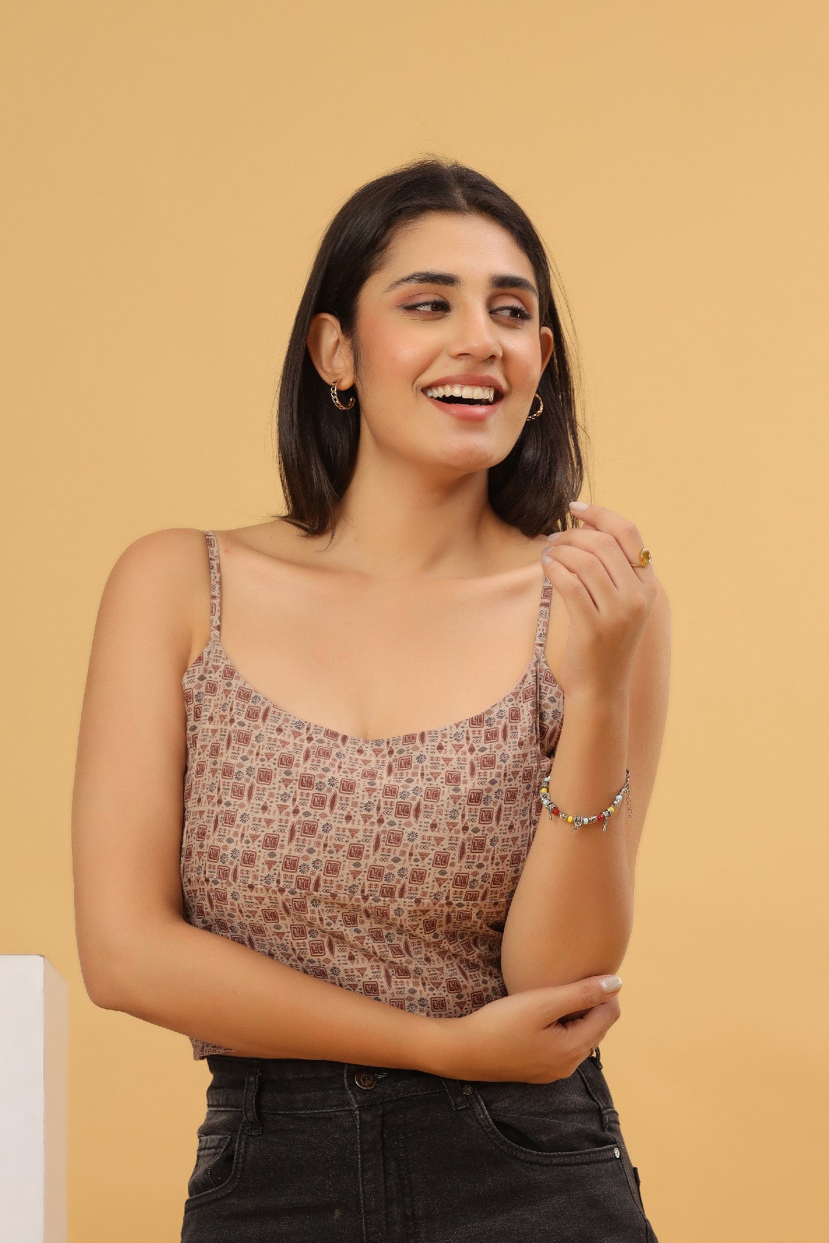 Beige Printed Strappy Crop Top
