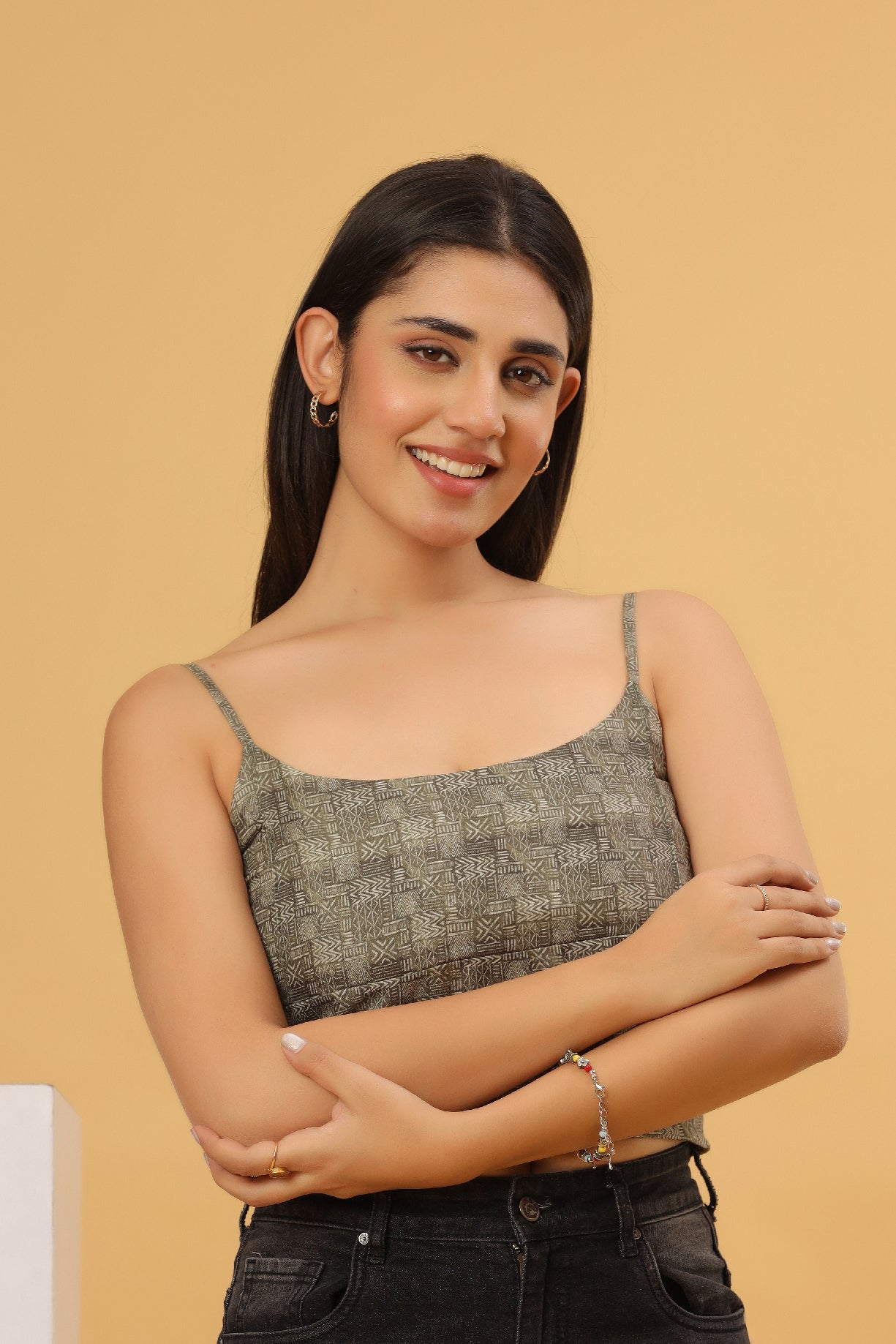 Olive Grey Printed Strappy Crop Top