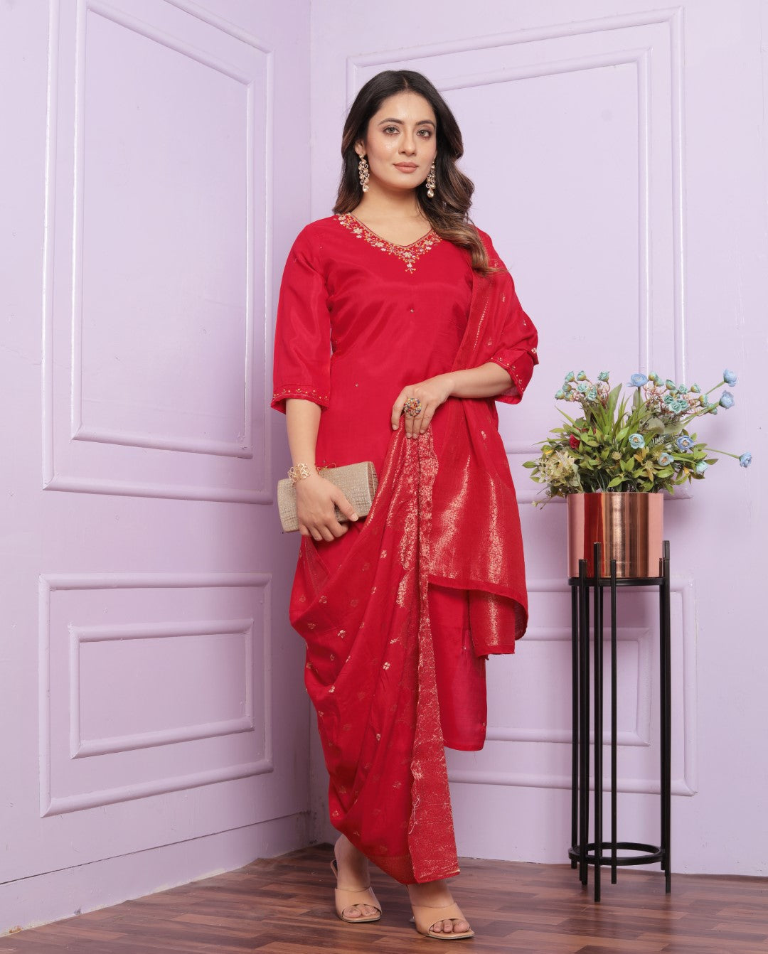 Buy Festive Red Muslin Pant Outfit Set Online Vaanya Kurtis