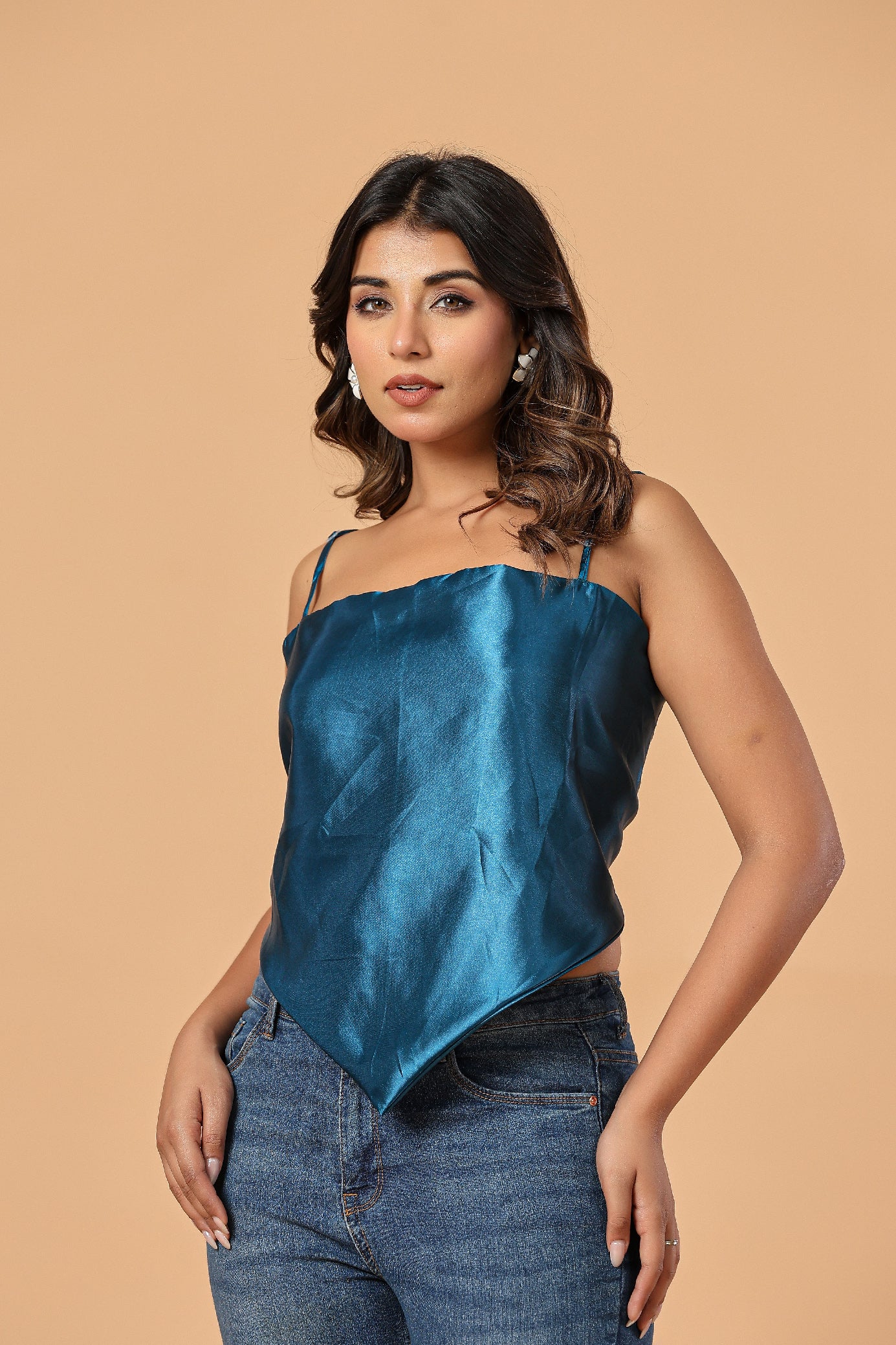 Teal Blue Satin Tie-Back Women’s Top - FREE SIZE