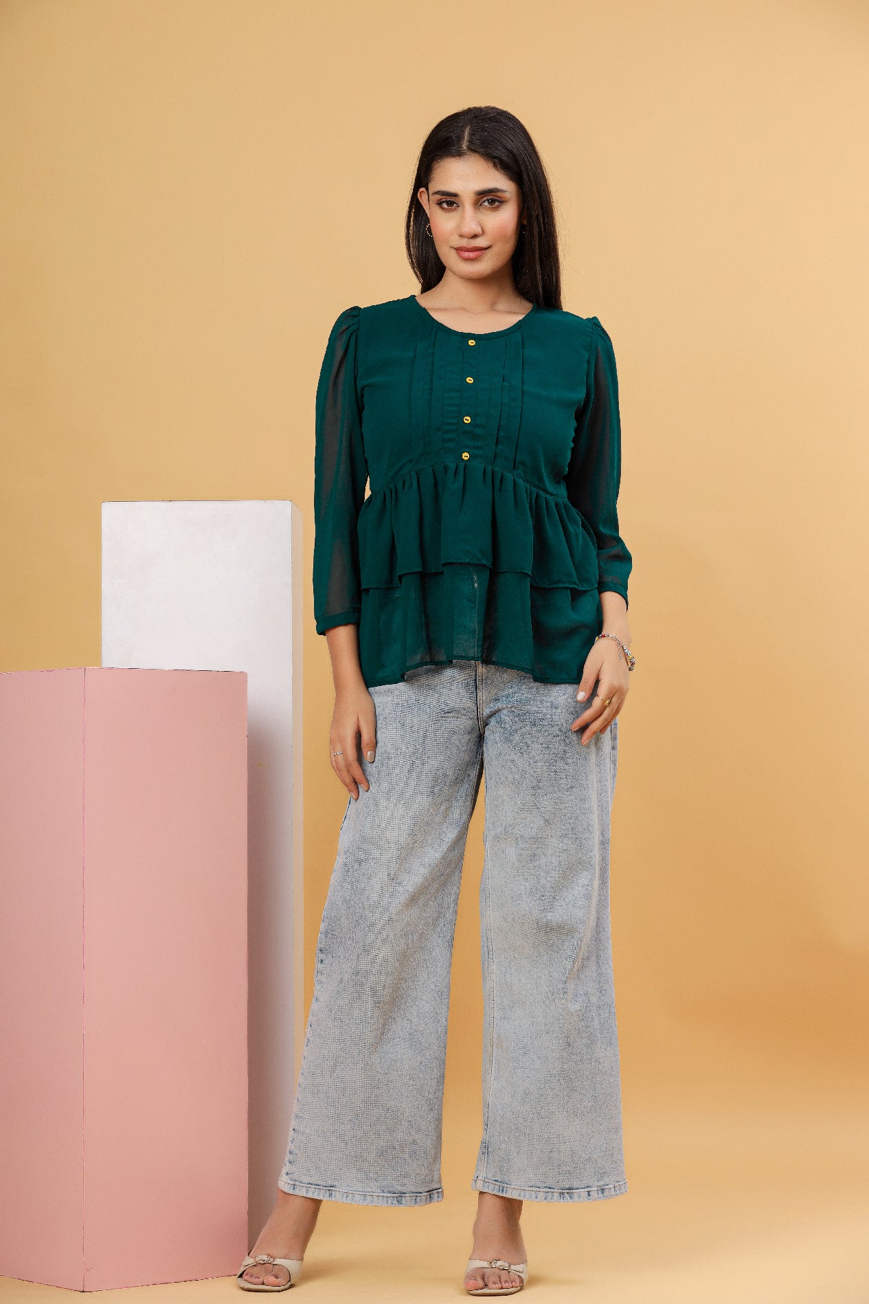 Bottle Green Layered Georgette Women’s Top