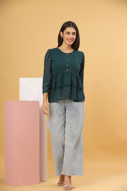 Bottle Green Layered Georgette Women’s Top