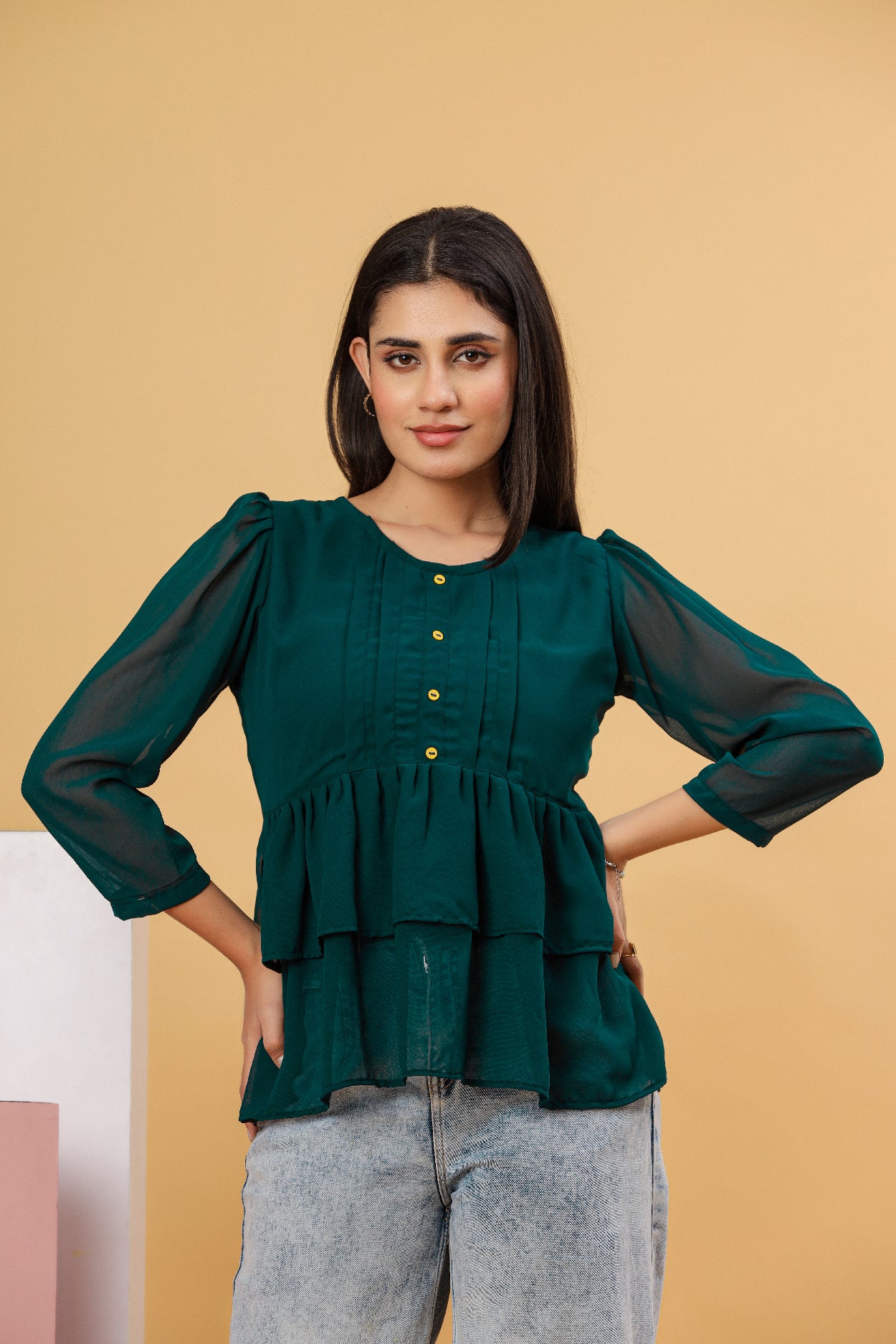 Bottle Green Layered Georgette Women’s Top
