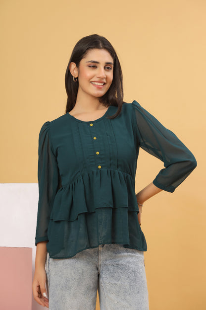 Bottle Green Layered Georgette Women’s Top