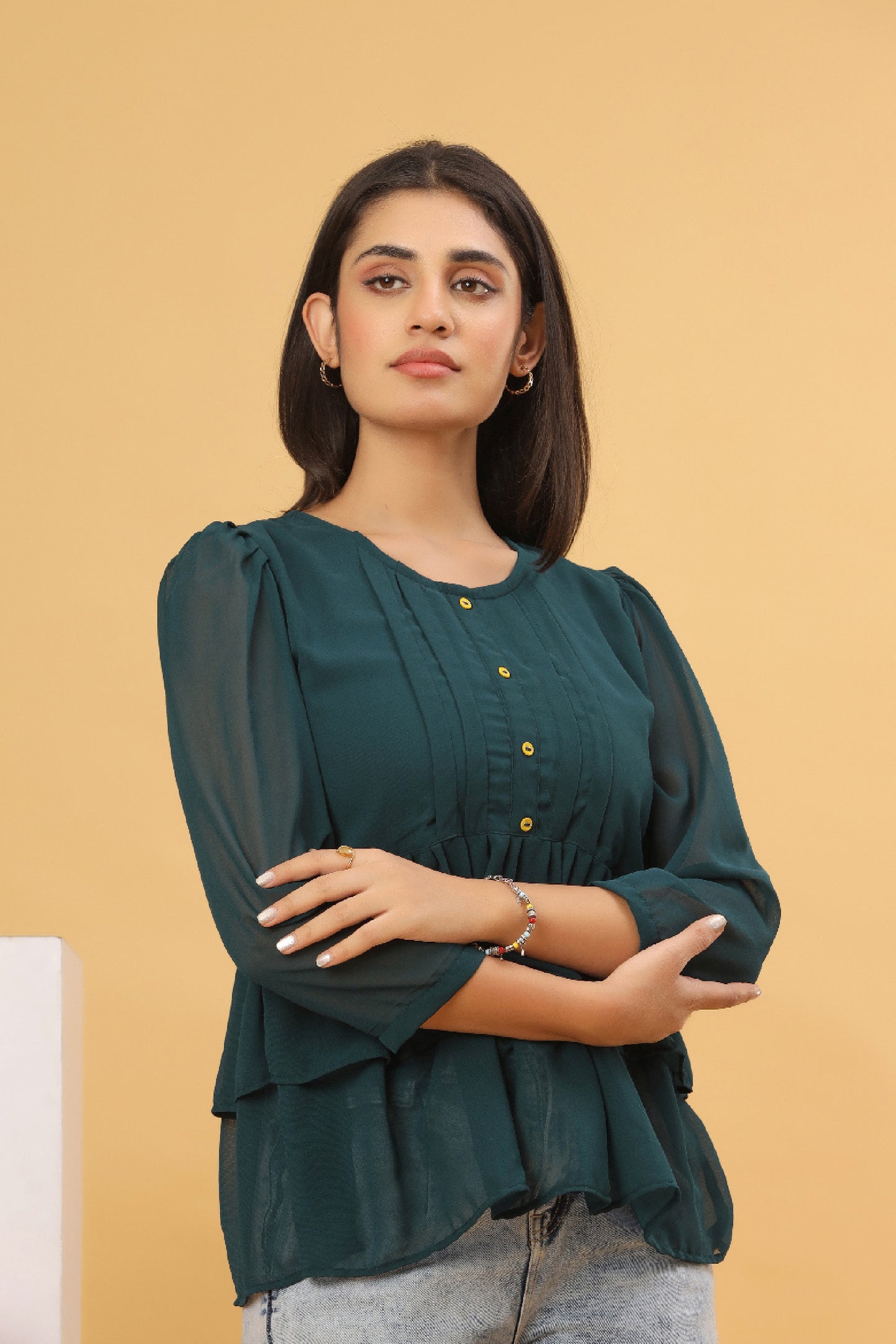 Bottle Green Layered Georgette Women’s Top