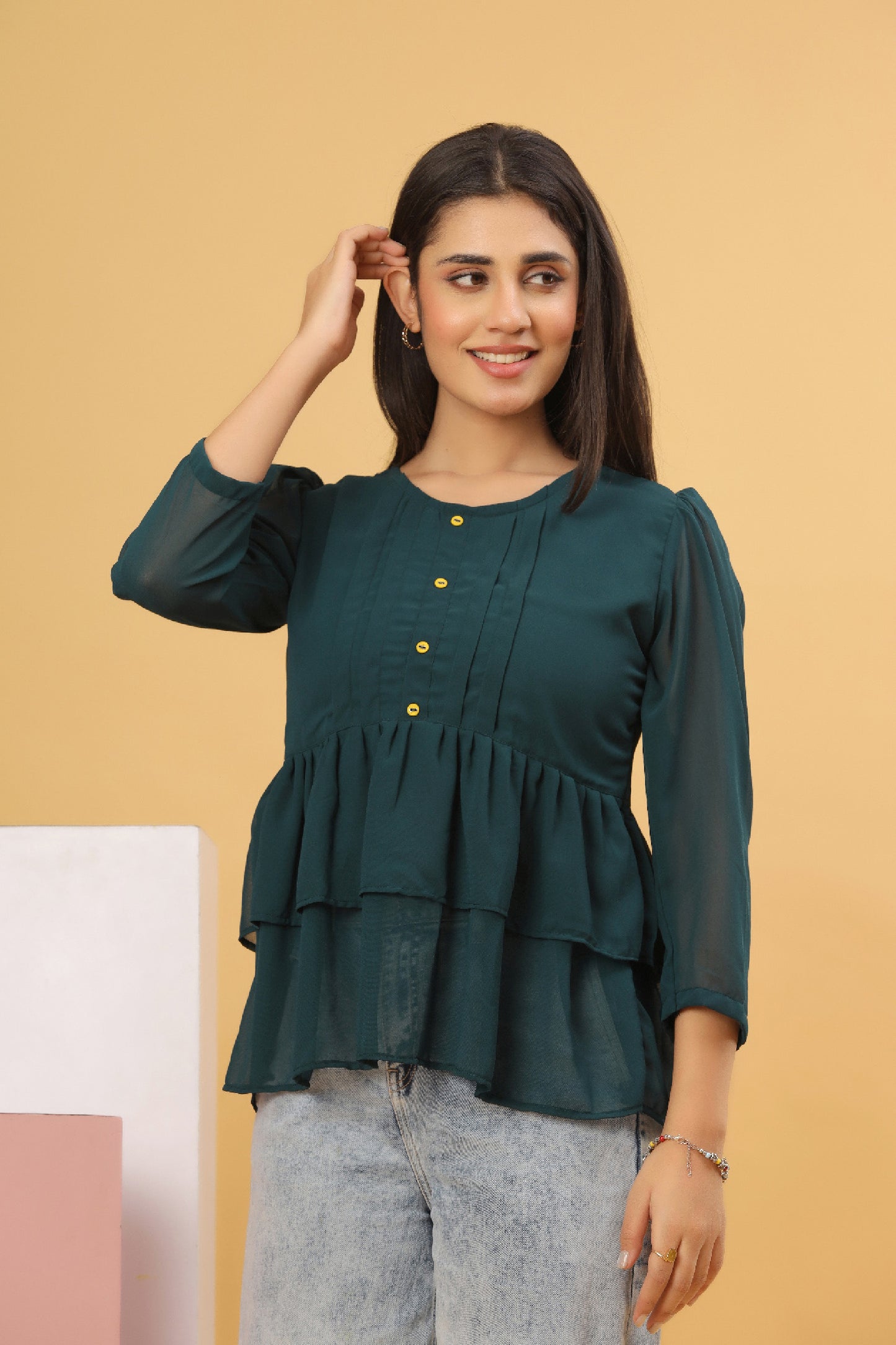 Bottle Green Layered Georgette Women’s Top