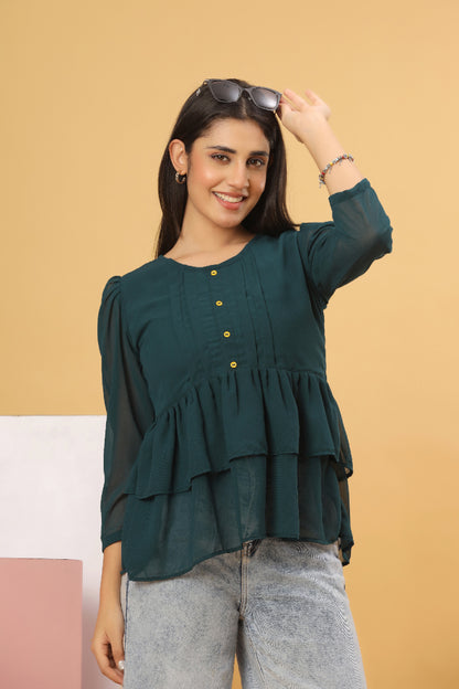 Bottle Green Layered Georgette Women’s Top
