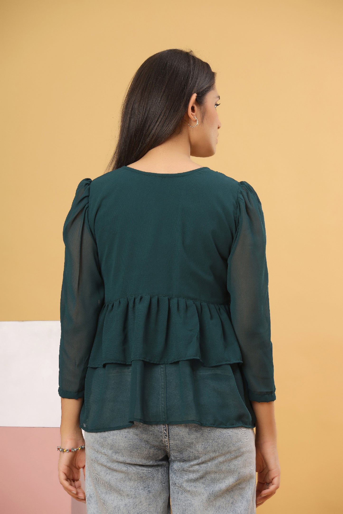 Bottle Green Layered Georgette Women’s Top
