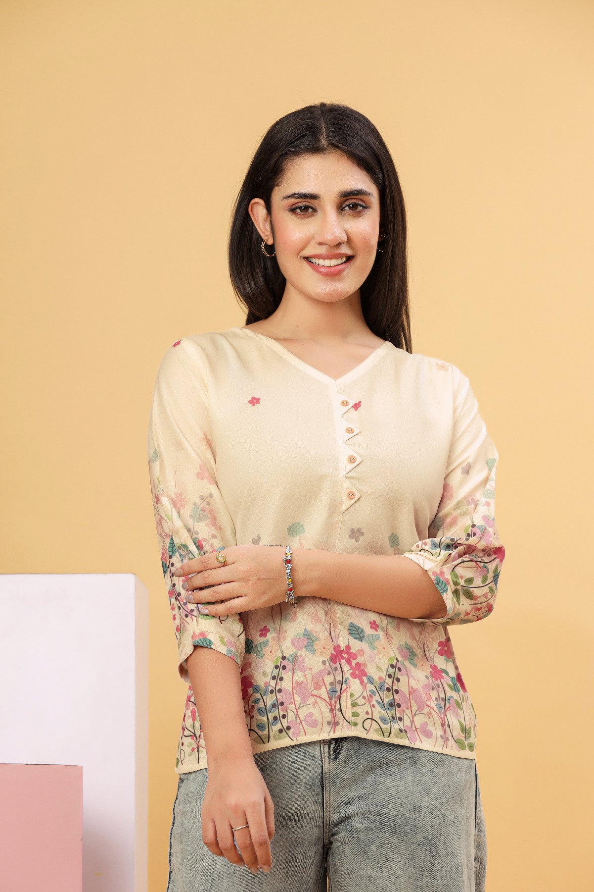 Cream Floral Printed Women’s Top
