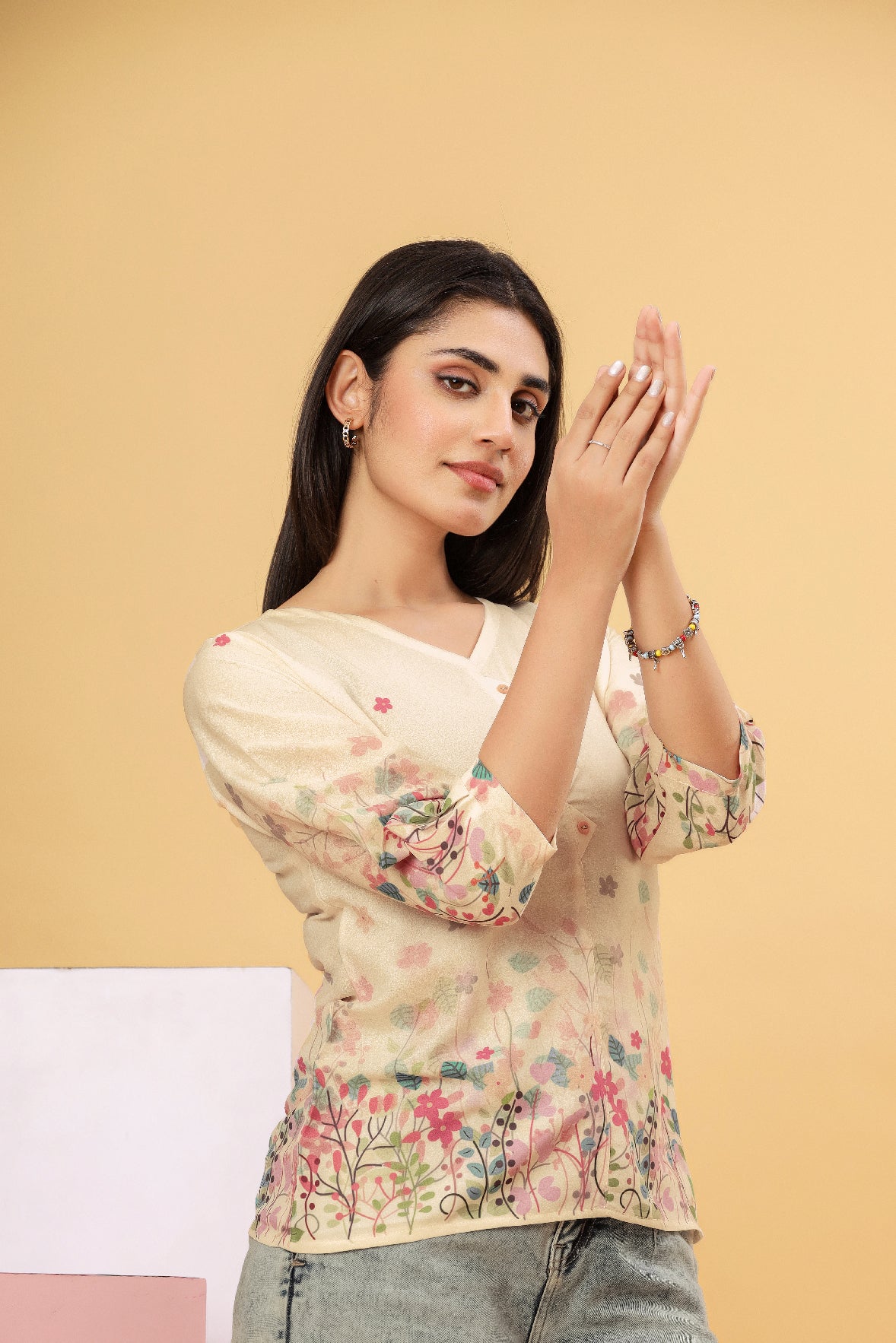 Cream Floral Printed Women’s Top