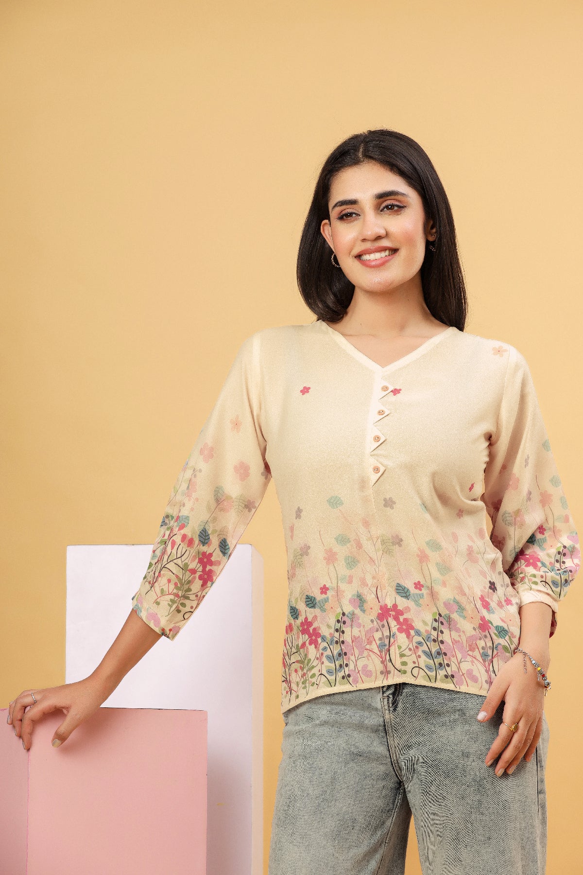 Cream Floral Printed Women’s Top