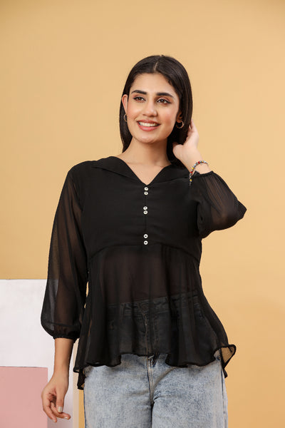 Black Georgette Button Detail Women’s Top