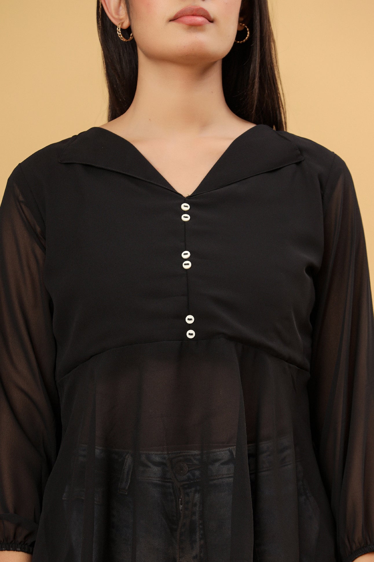 Black Georgette Button Detail Women’s Top