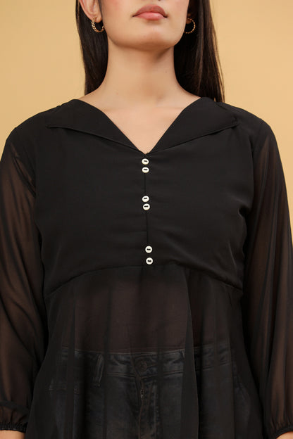 Black Georgette Button Detail Women’s Top