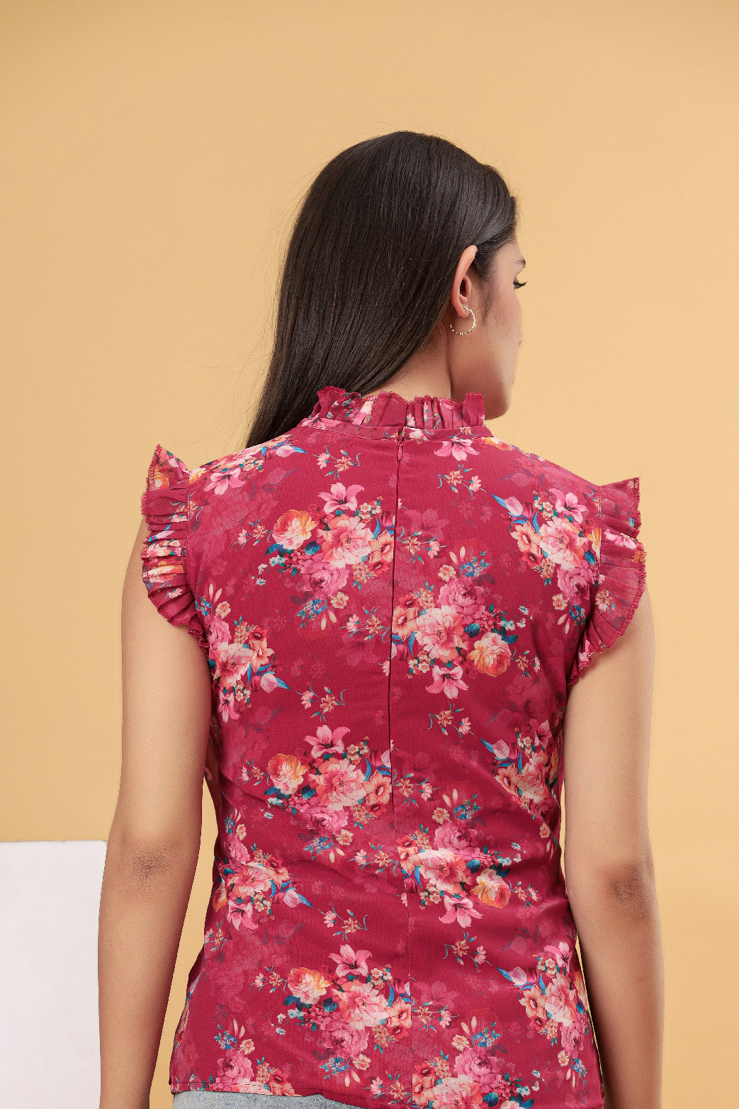 Wine Floral Printed Frill Neck Women’s Top