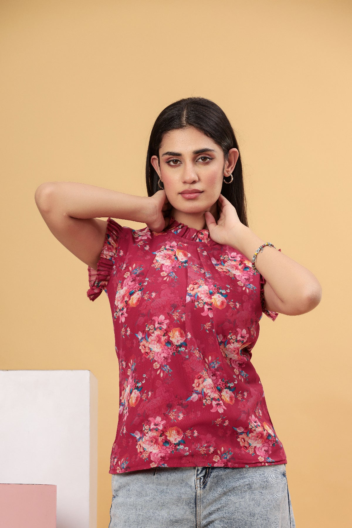 Wine Floral Printed Frill Neck Women’s Top