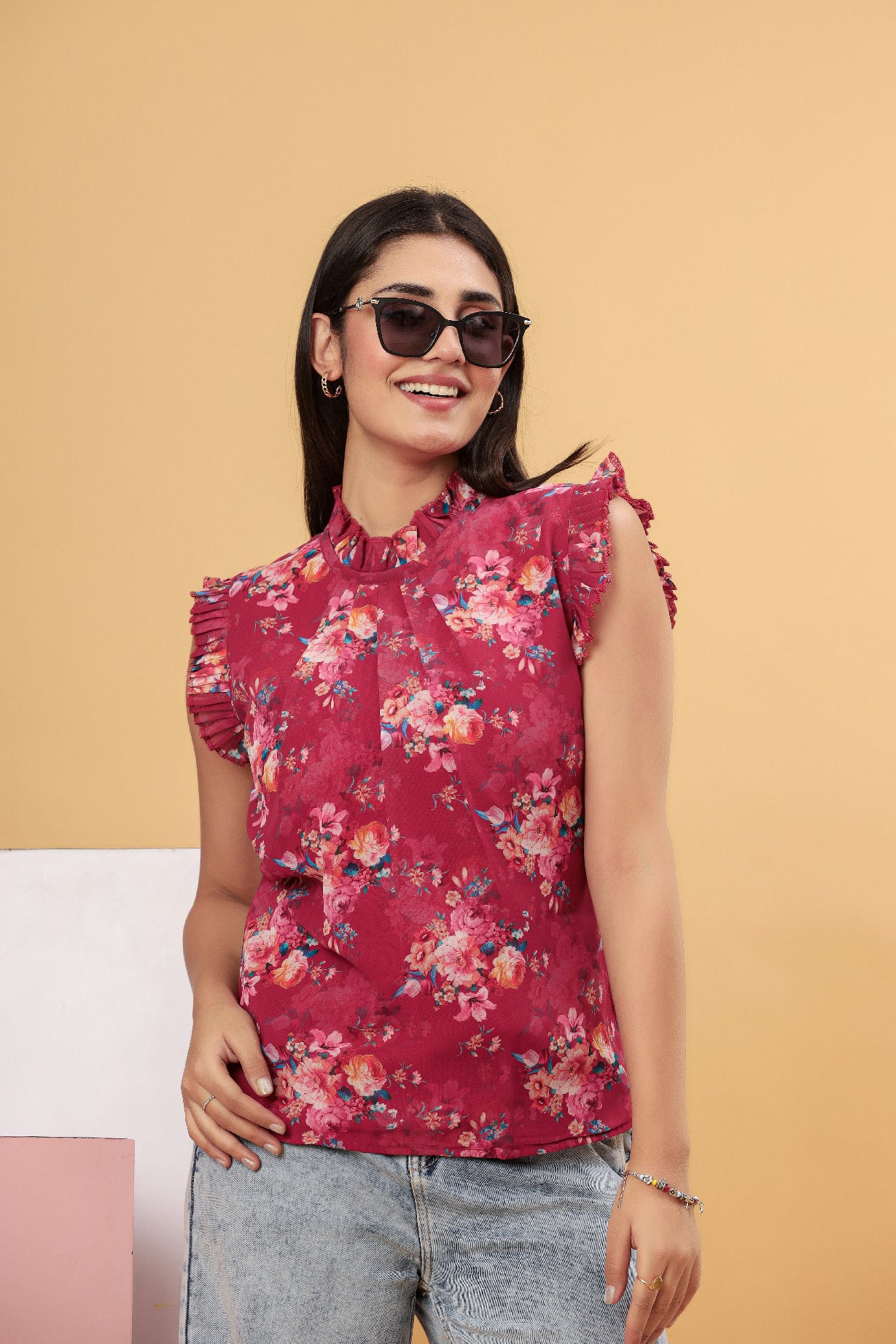 Wine Floral Printed Frill Neck Women’s Top