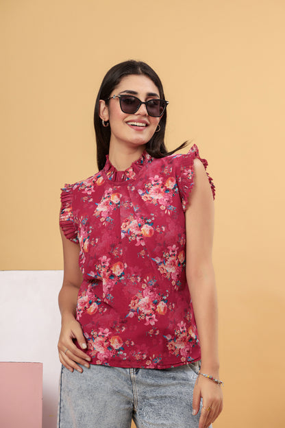Wine Floral Printed Frill Neck Women’s Top
