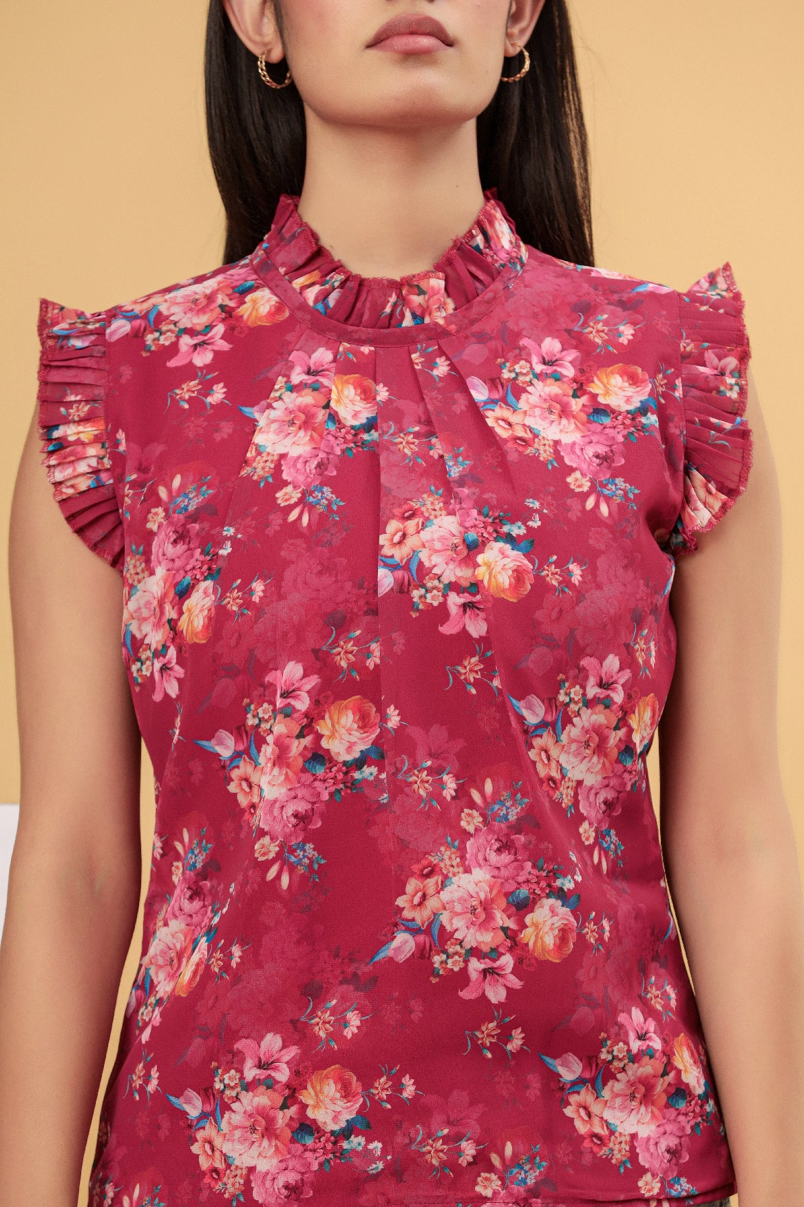 Wine Floral Printed Frill Neck Women’s Top