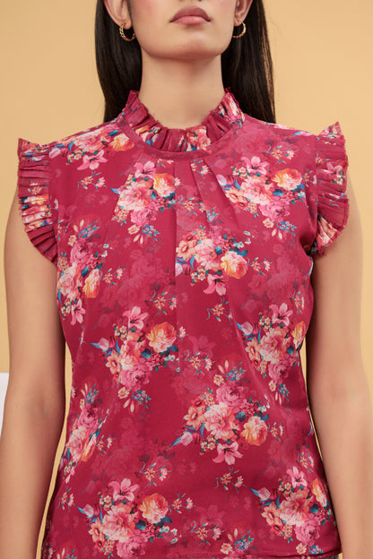 Wine Floral Printed Frill Neck Women’s Top
