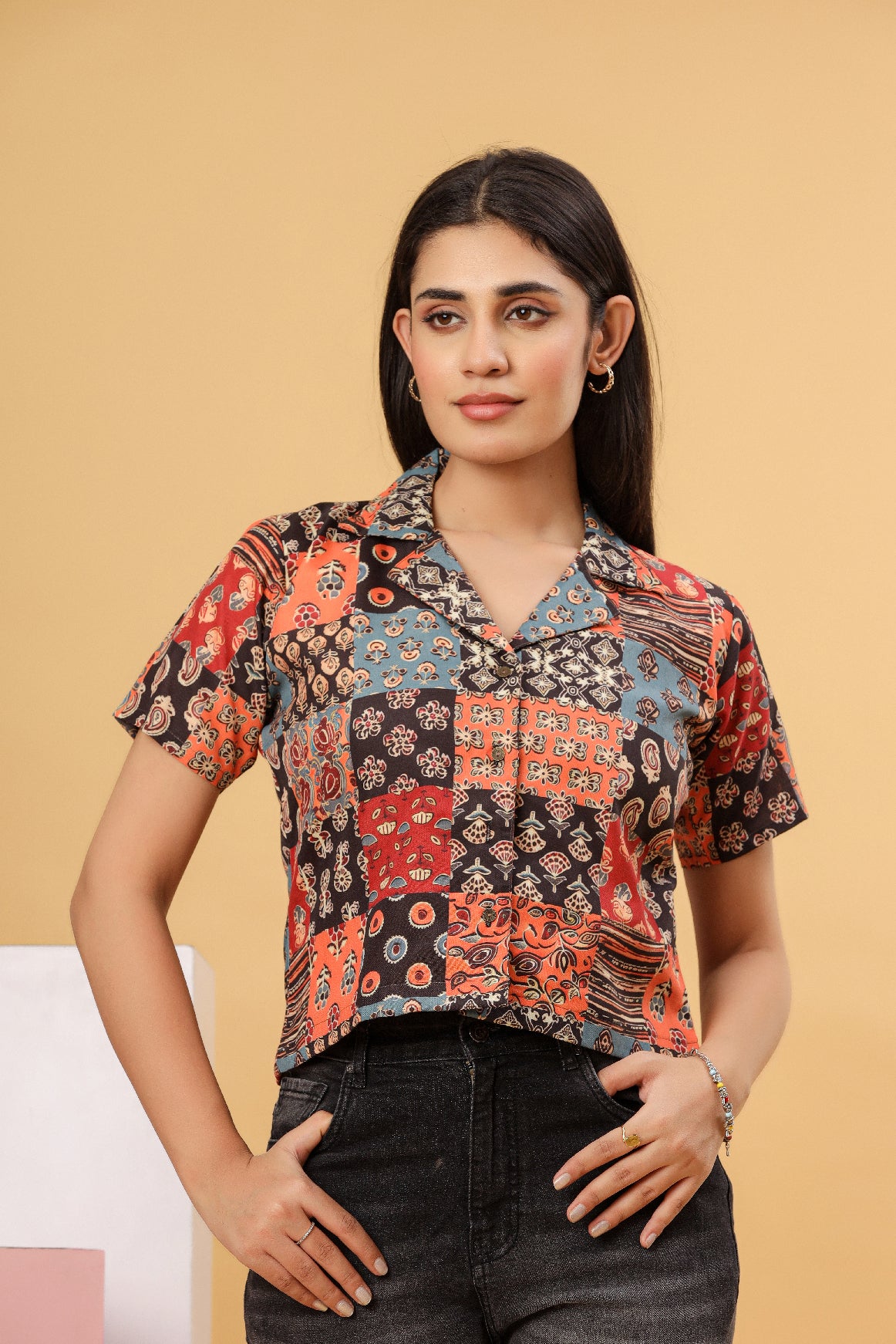 Multicolor Patch Printed Women’s Shirt Top