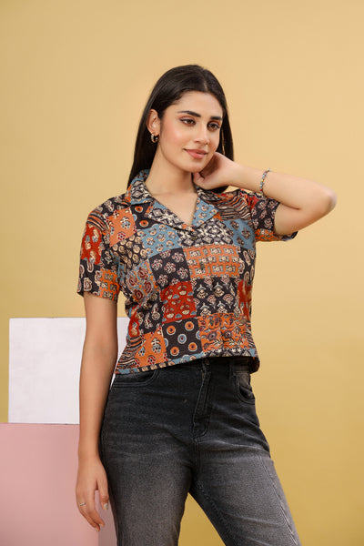 Multicolor Patch Printed Women’s Shirt Top