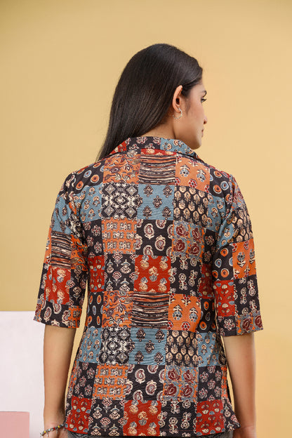 Multicolor Printed Patchwork Shirt Style Top