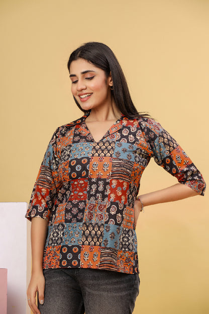 Multicolor Printed Patchwork Shirt Style Top