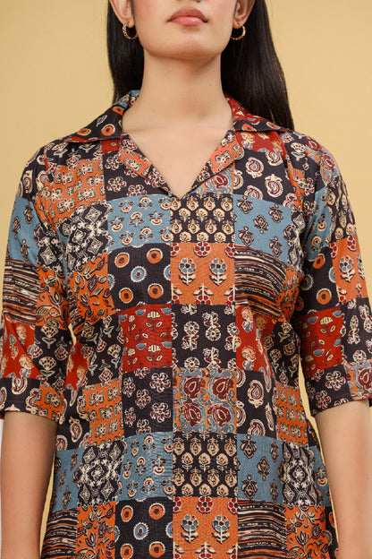 Multicolor Printed Patchwork Shirt Style Top
