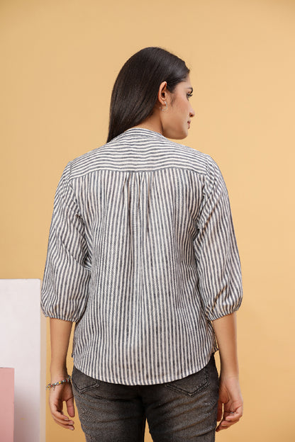 Grey Striped Cotton Women’s Shirt Top