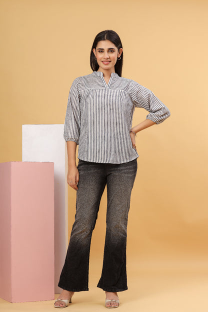 Grey Striped Cotton Women’s Shirt Top