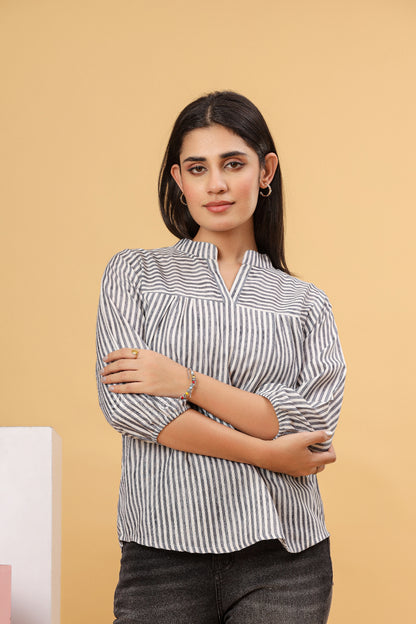 Grey Striped Cotton Women’s Shirt Top