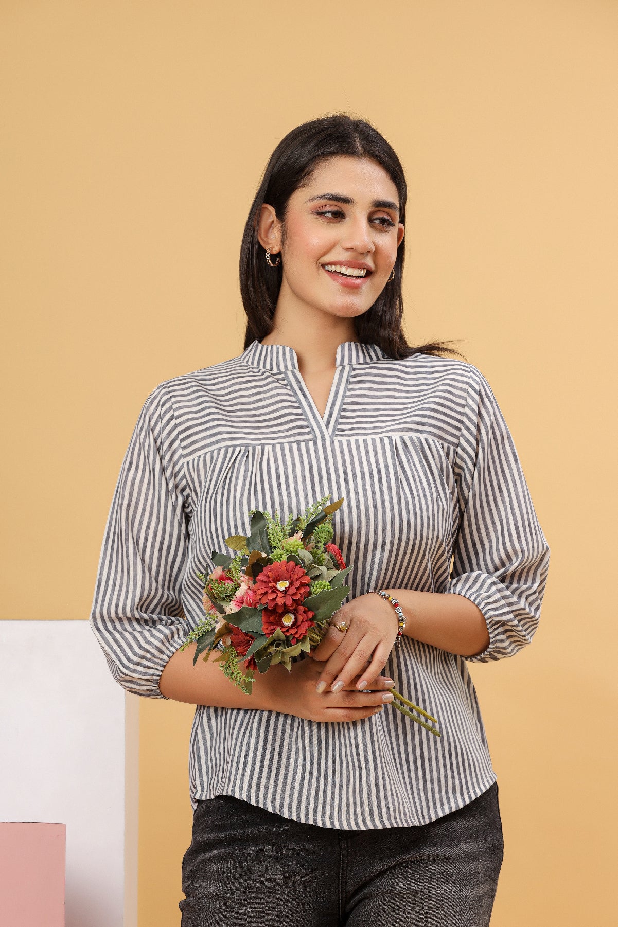 Grey Striped Cotton Women’s Shirt Top