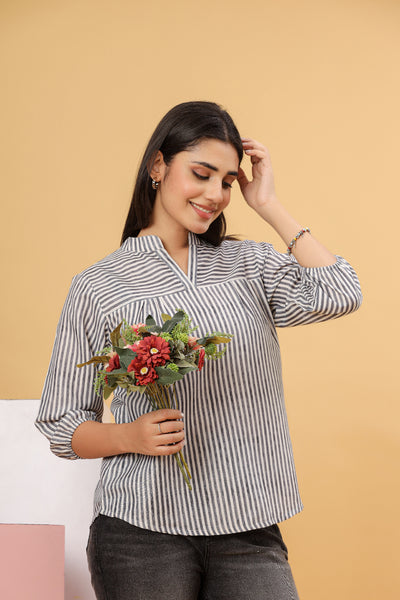 Grey Striped Cotton Women’s Shirt Top