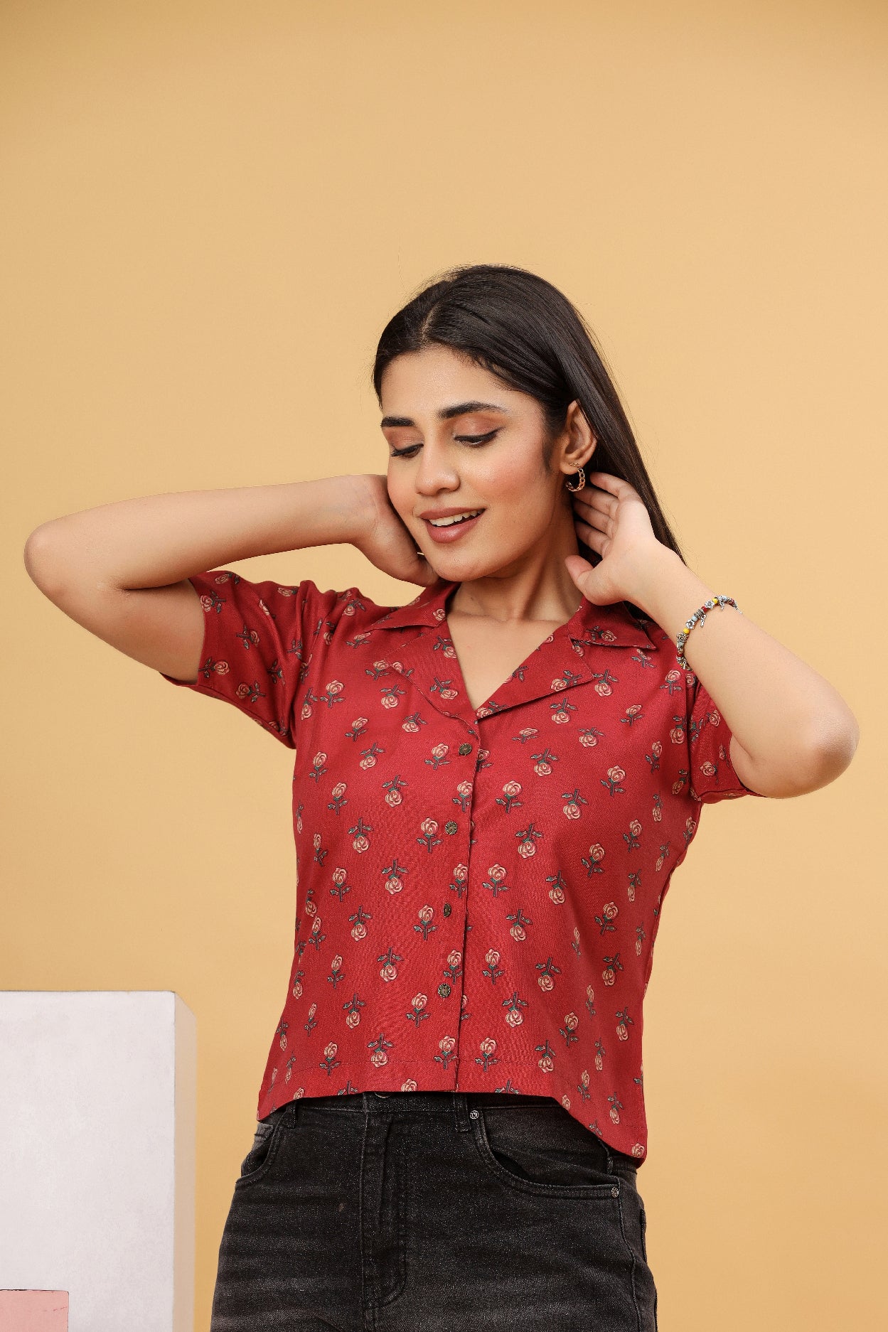 Red Floral Printed Women’s Shirt Top