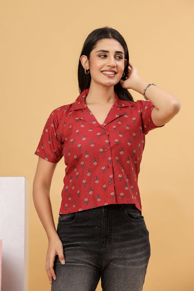 Red Floral Printed Women’s Shirt Top
