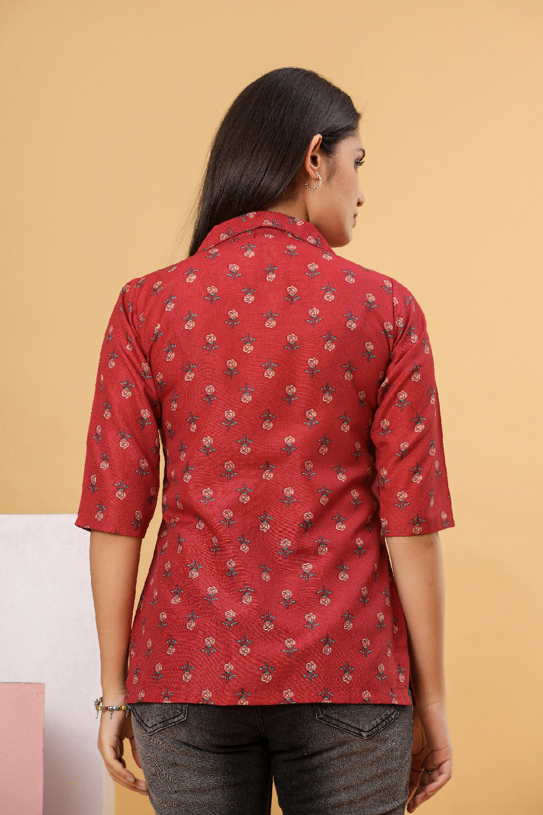 Red Floral Printed Shirt Style Top