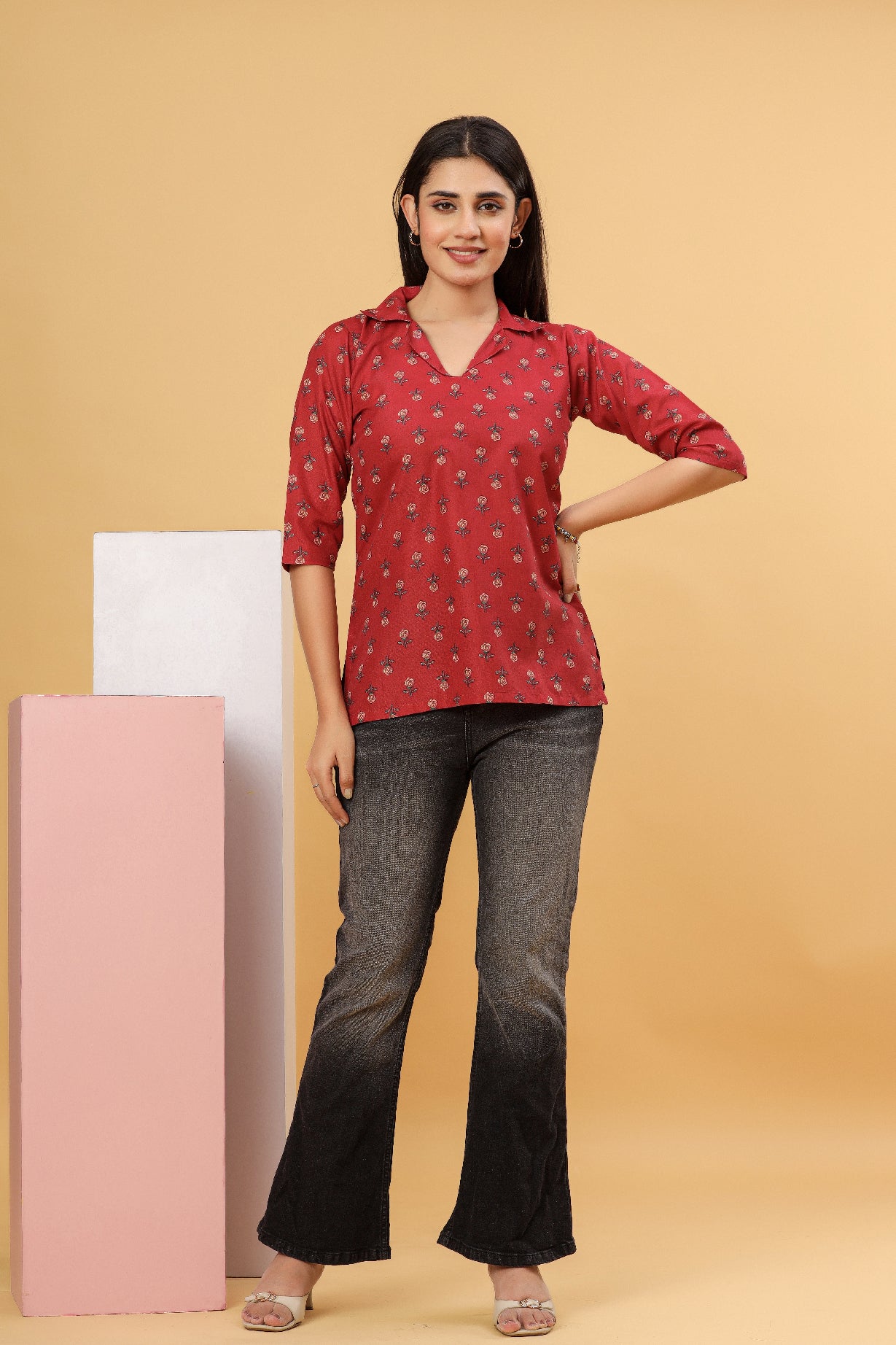 Red Floral Printed Shirt Style Top