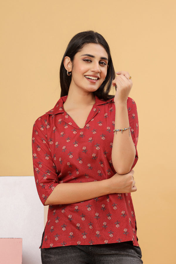 Red Floral Printed Shirt Style Top