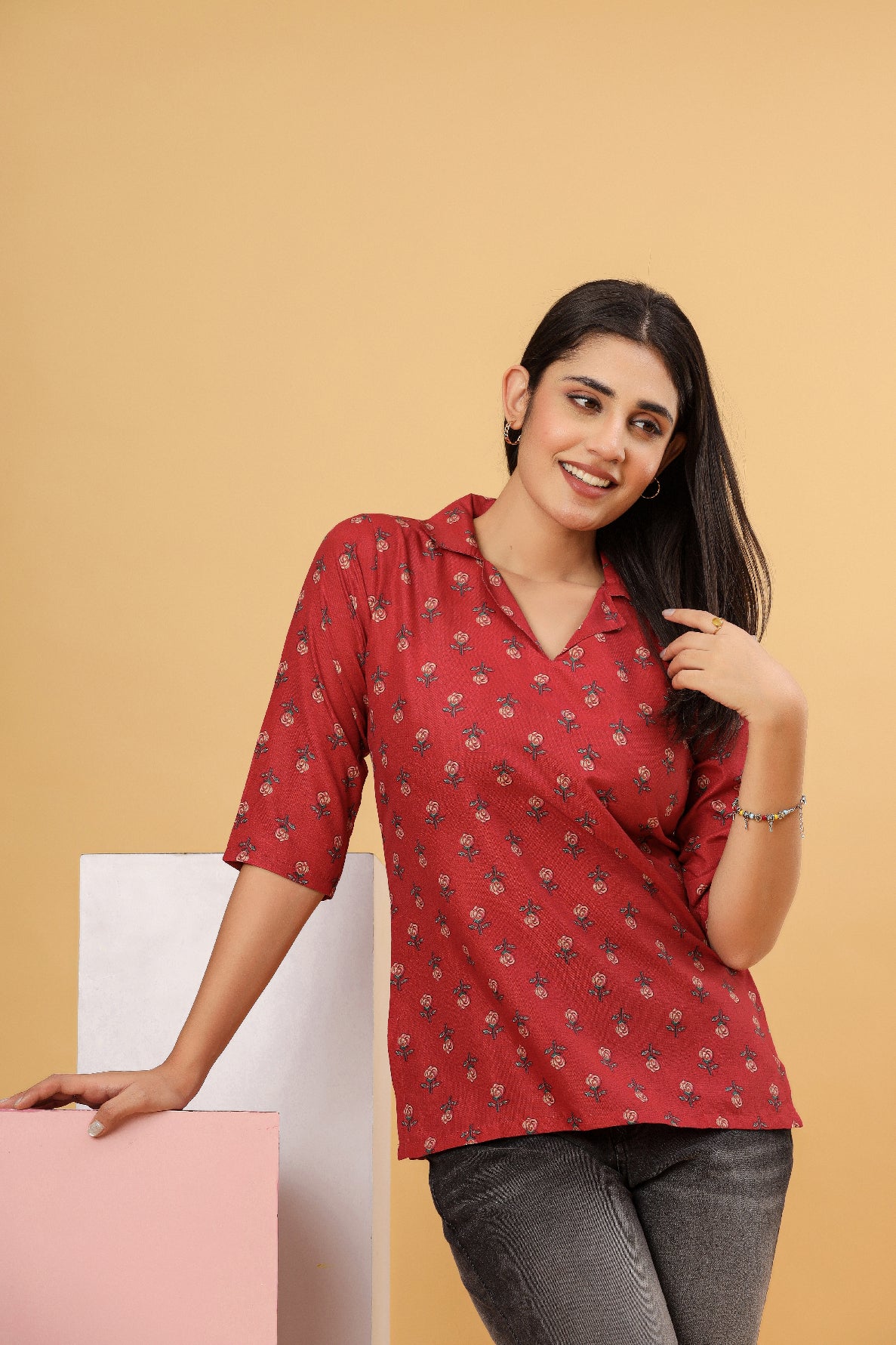 Red Floral Printed Shirt Style Top