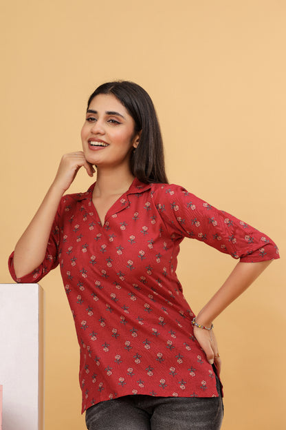 Red Floral Printed Shirt Style Top