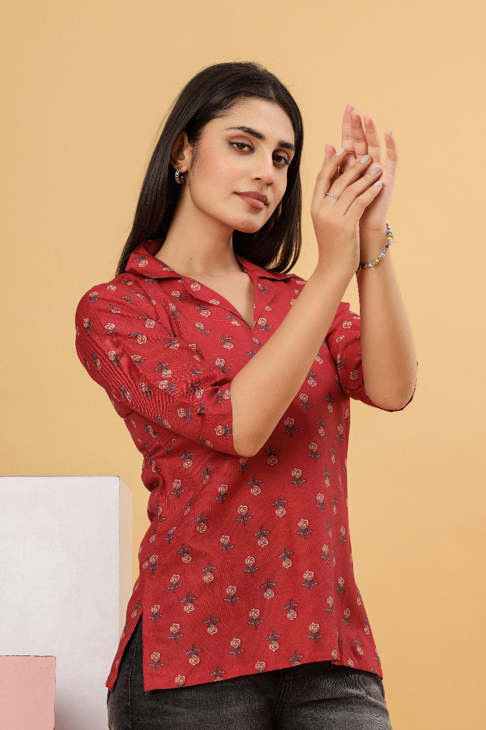Red Floral Printed Shirt Style Top
