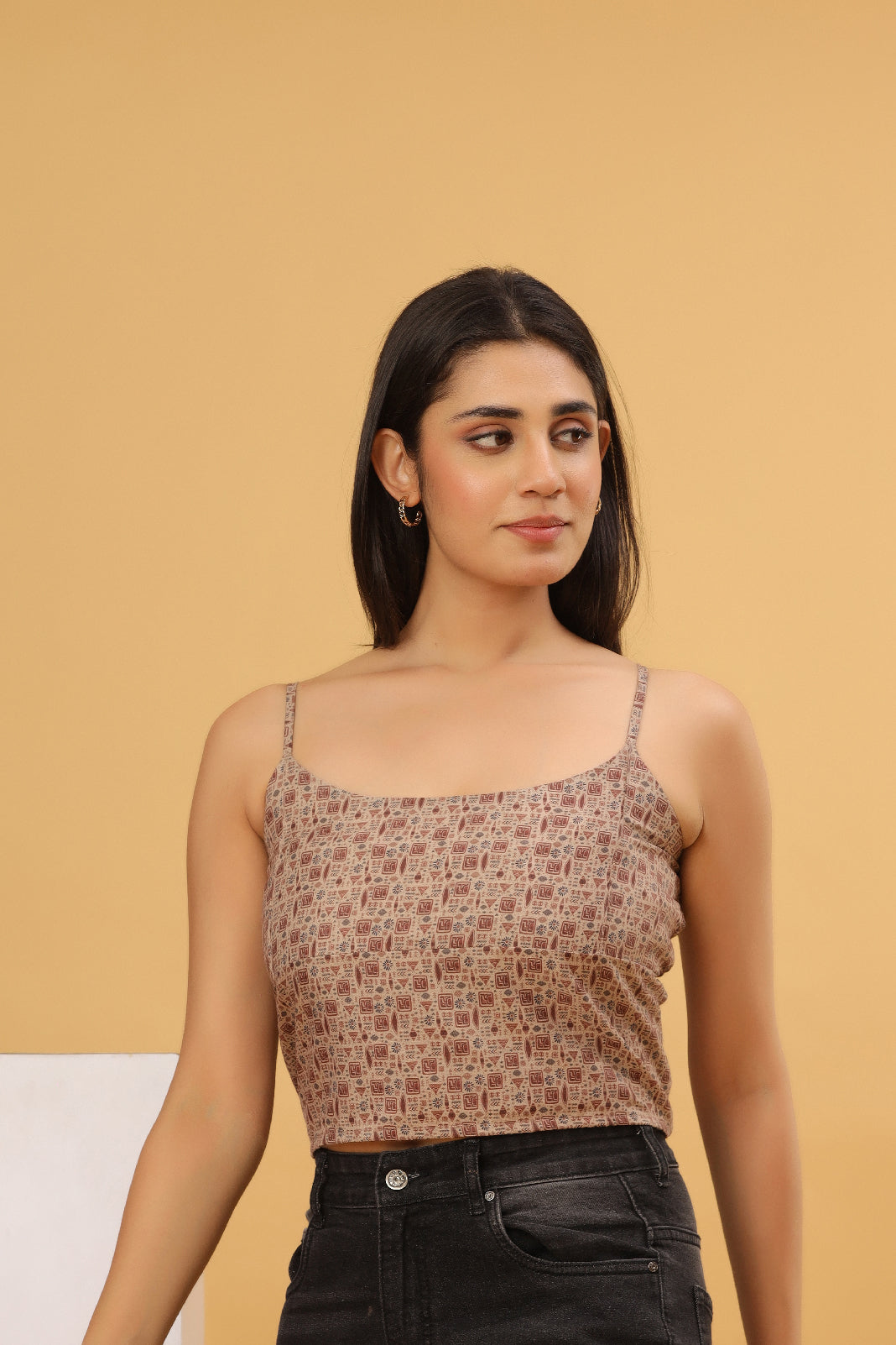 Beige Printed Strappy Crop Top
