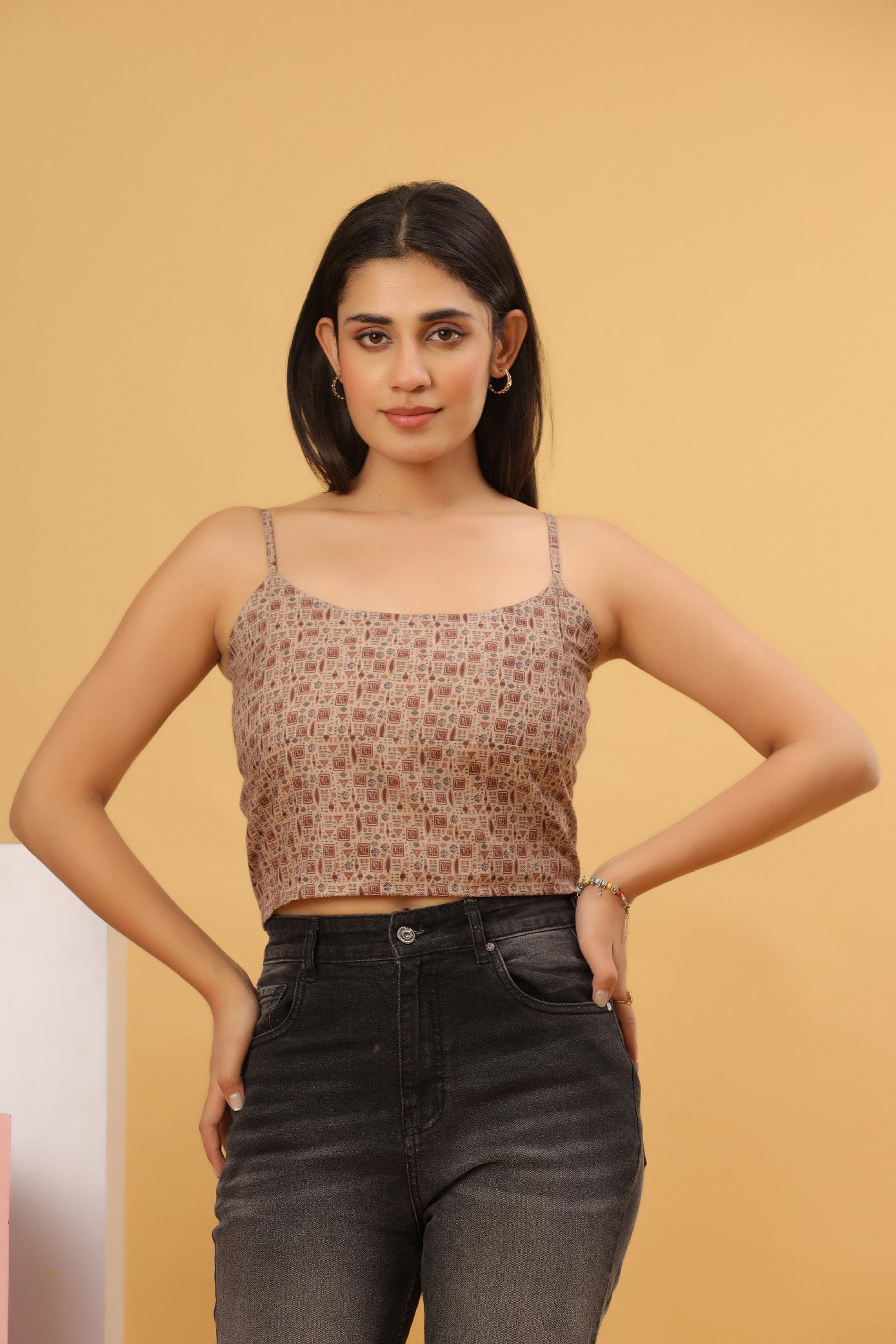 Beige Printed Strappy Crop Top