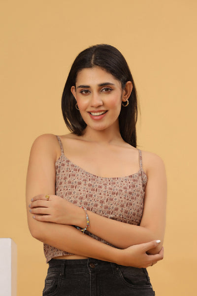 Beige Printed Strappy Crop Top
