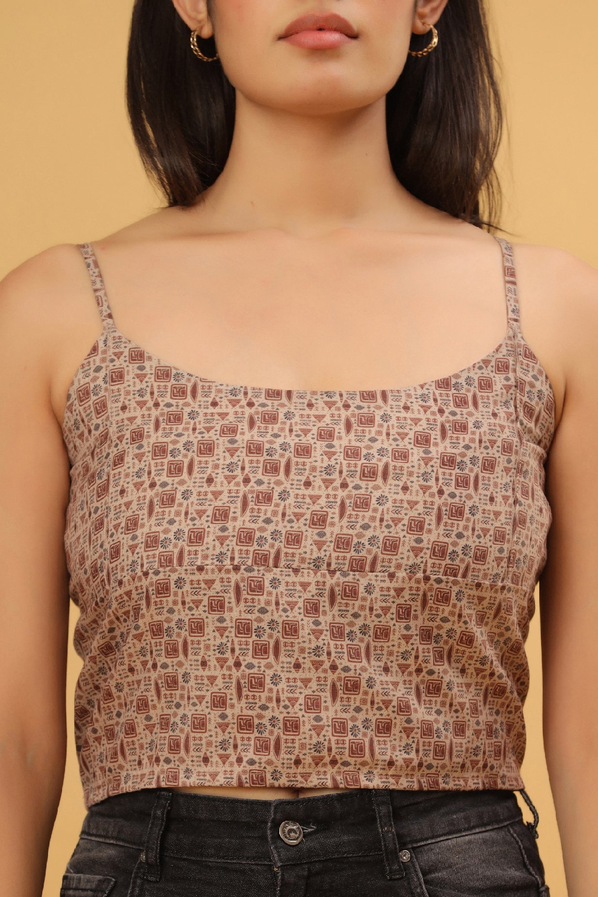 Beige Printed Strappy Crop Top