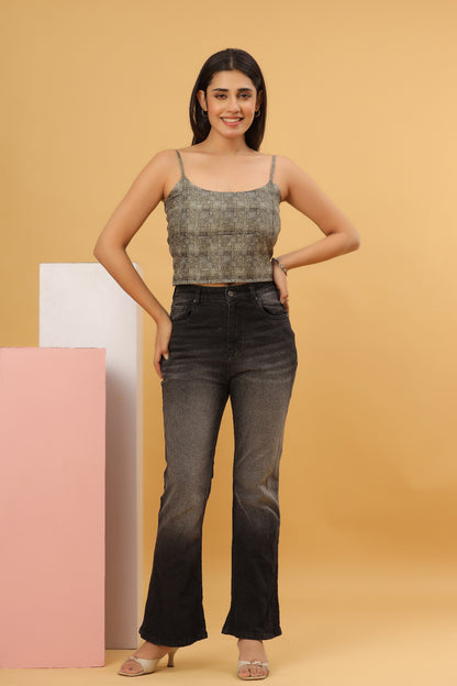 Olive Grey Printed Strappy Crop Top