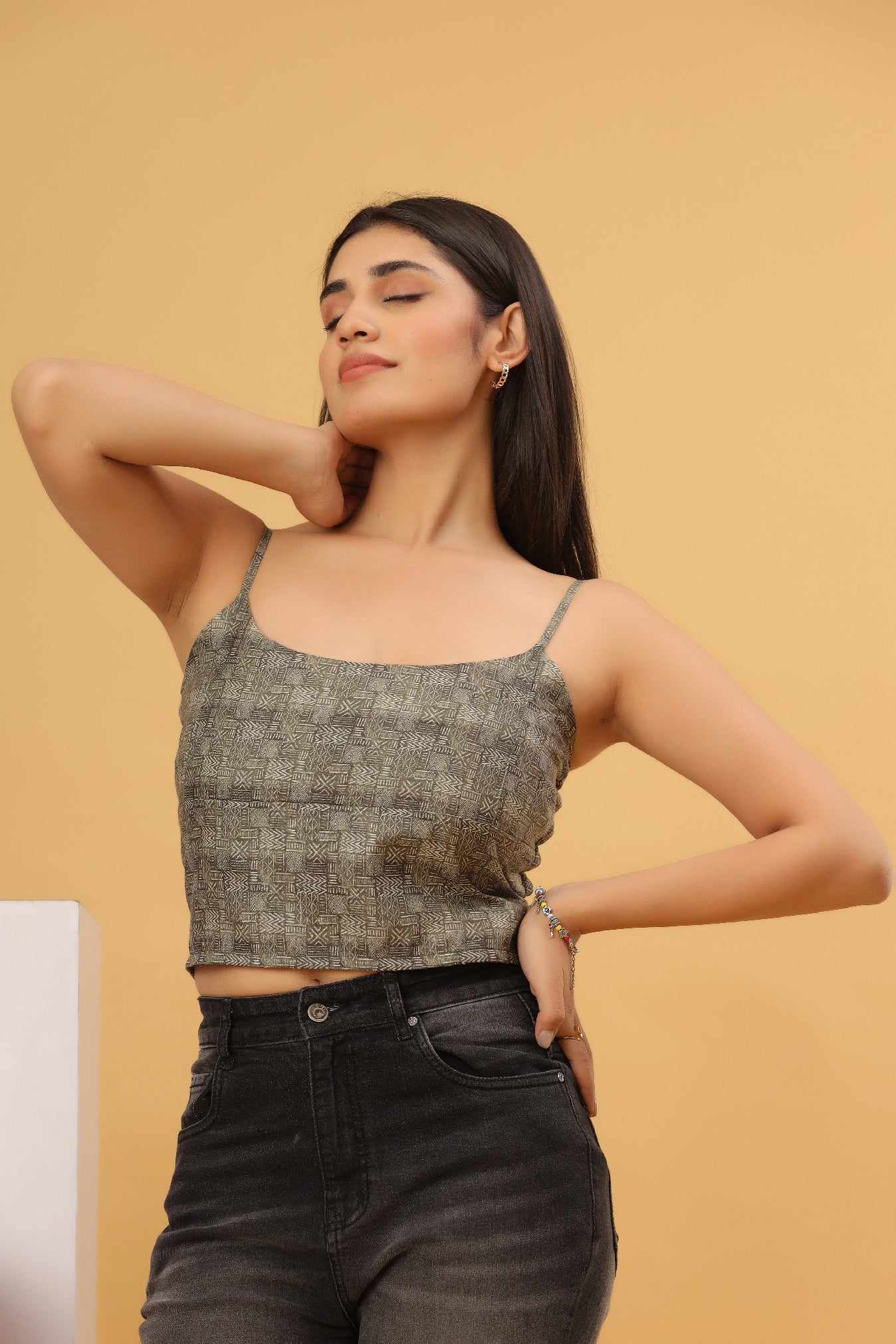 Olive Grey Printed Strappy Crop Top