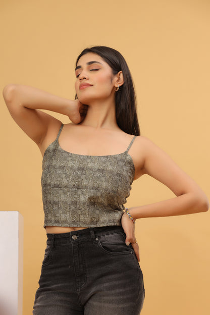 Olive Grey Printed Strappy Crop Top