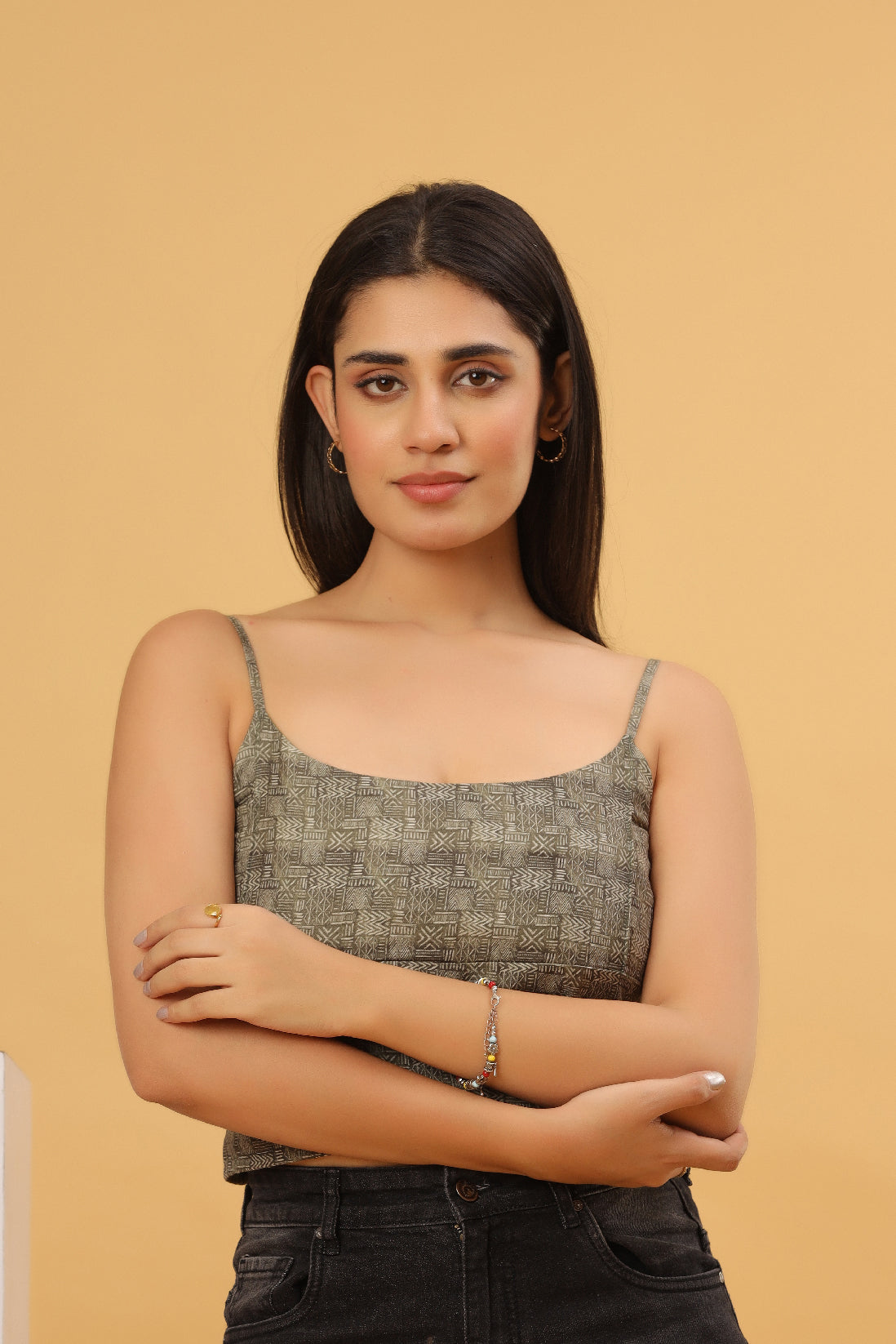 Olive Grey Printed Strappy Crop Top